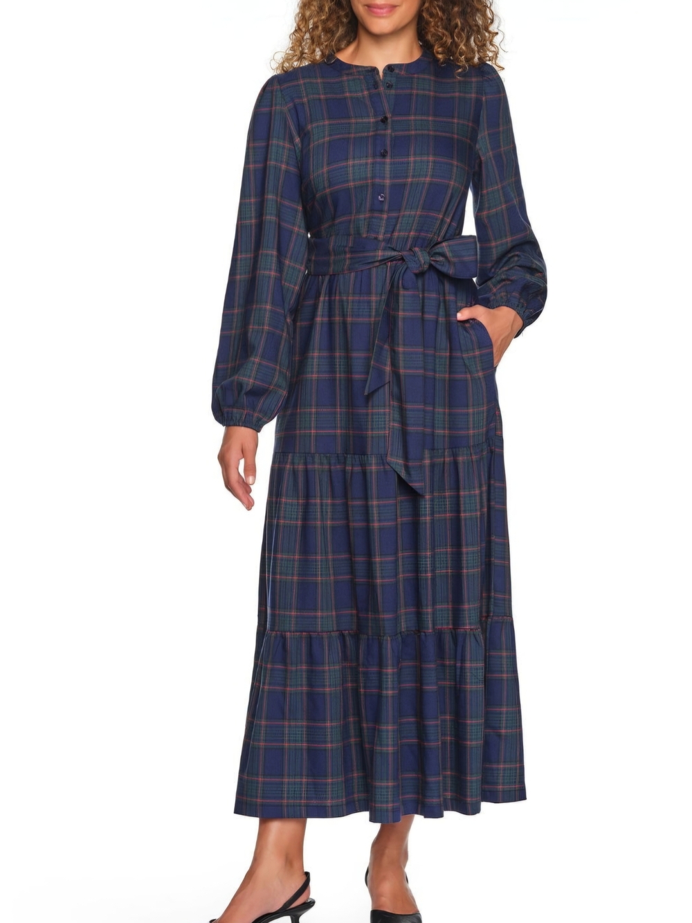 Plaid Long Sleeve Tie-Waist Maxi Dress - Navy